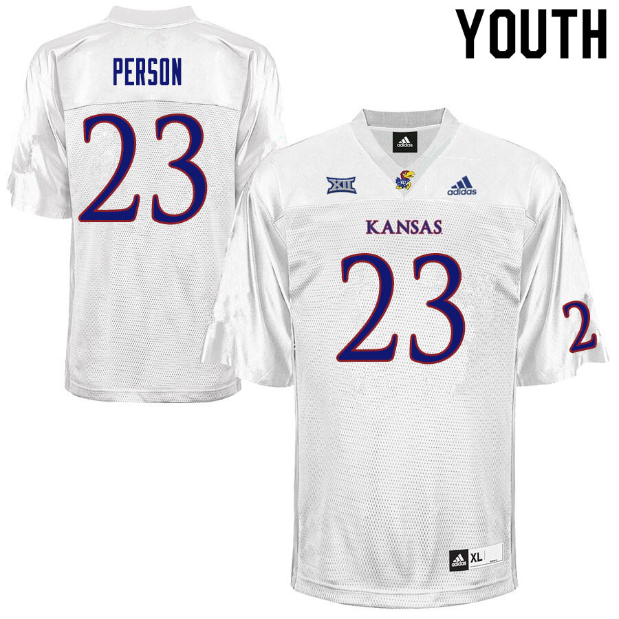 Youth #23 Alonso Person Kansas Jayhawks College Football Jerseys Sale-White - Click Image to Close